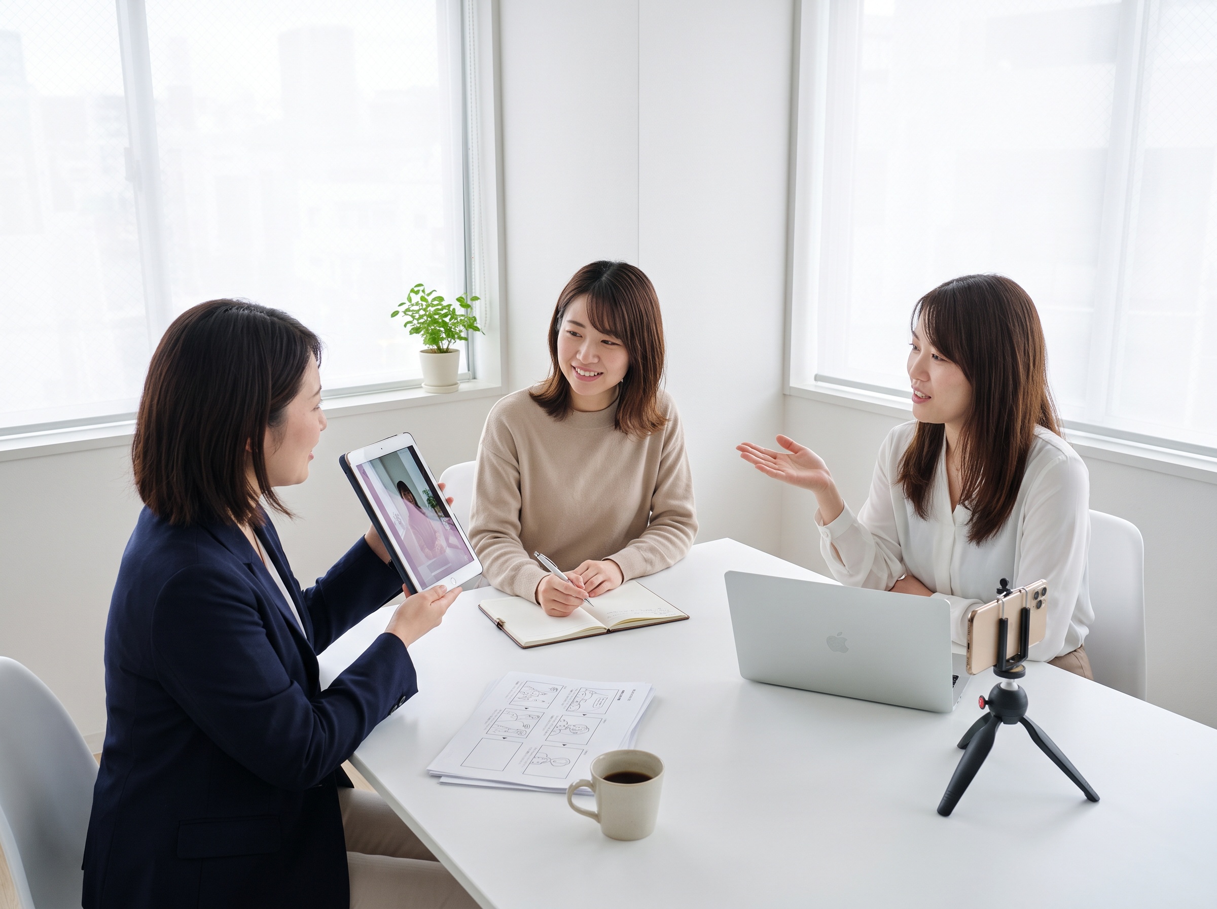 白い会議室で企画を相談するスタッフ